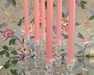 $30. Set of 6 glass taper holders. Pink tapers included!