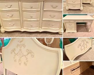 $1000. 11 Piece bedroom suite by Broyhill. Set includes FULL headboard/footboard, 2 nightstands, high boy dresser, full size dresser, writing desk, chair. We will upload the additional pieces ASAP! Willing to sell by the piece-