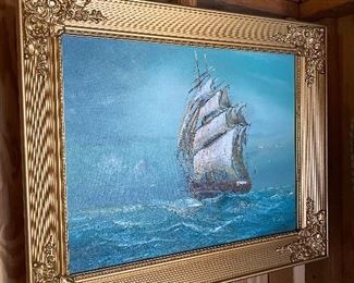 Gesso Framed Sailing Ship Painting