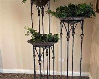 LOT 6614 Set of three small, medium and large plant stands.  Black with brass accents $400 for set