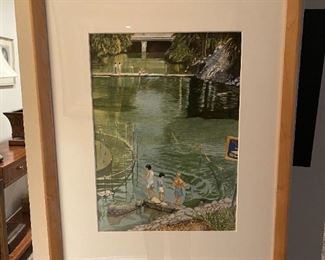 LOT 6637 Watercolor of people wading in water $225