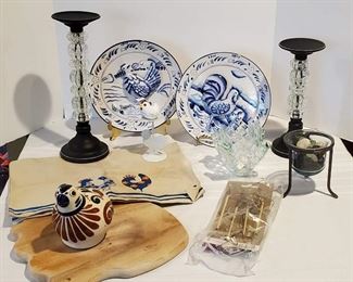 Made in Mexico Pottery Bird, Paula Deen Cutting Board, "3-D" Plates, Candle Sticks and More