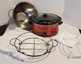  Hamilton Beach Slow Cooker Model SC10, Stainless Colander, Linens and Casserole Holders