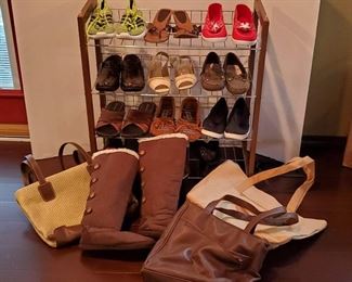  Shoe Rack with Women's Shoes, Sizes 8-8.5: Adidas, Easy Stride, More. Also Bags