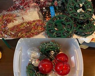 Commercial Christmas Light Spools w/Gold Bulbs, Tinsel Garland, Tinsel Filled Lights, Large Lighted Balls, 60 QT Tub