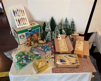 Glass Blown Ornaments, Bristle Brush Tree Sets, Goebel Figurine, Porcelain Nativity, Glass Balls, Print Fabric, Tub