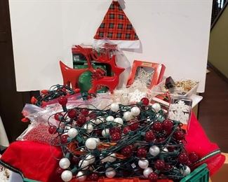 Cast Iron RED Reindeer, Macy's Snowflake Ornaments, Lighted Balls, Bead Garland, Glass Snowmen, Angel Hair, LED Lights