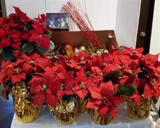 Faux Poinsettias, Projection Light, Christmas Ornaments and Pics, Plus Storage Tubs.