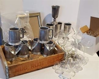 Pewter Mugs and Goblets, Martini Glassware, Light String, Frame & Vintage Root Beer Box 18.5x12