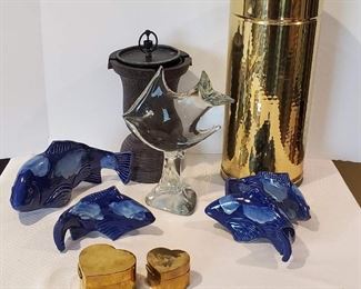 Ceramic Art Fish, Brass Hearts & Umbrella Holder, Art Glass Fish (damaged) and Indoor Fountain