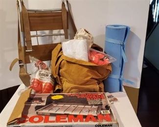 Coleman 2 Burner Propane Stove, Canvas Bag with Supplies: Maps, Cooking, Deer Bags, Backpack Frame, 
