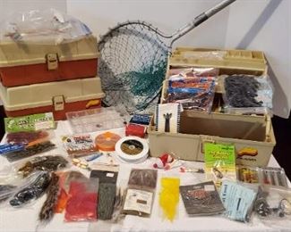 Fish Net, 3 Tackle Boxes with Flies, Hooks, Bobbers, & More