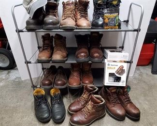 10 Pair of Men's Work Boots Size 7.5: Coleman, Wolverine, Cat. Yaktrax Ice Traction.