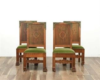 4 Antique Dining Chairs With Green Upholstered Seats