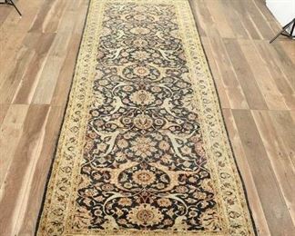 Long Wide Hand-Knotted Black And Tan Patterned Runner