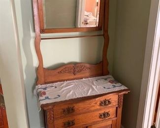 Antique Hand Carved Oak Wash Stand with Swinging Beveled Mirror