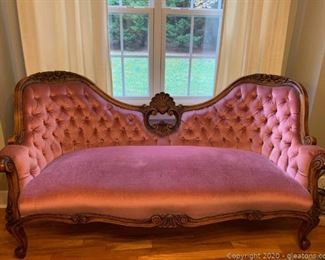 Hand Carved Walnut Frame Tufted Velvet Victorian Sofa
