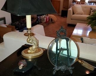 Large magnifying glass, sea horse table lamp