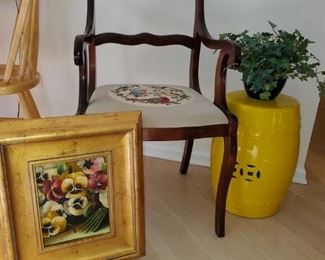 Needlepoint chair, yellow stand , pansy art