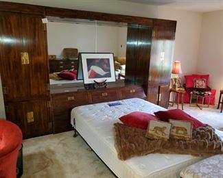 Henredon, burl wood, bed frame wall unit, fits up to a king size bed, full size pictured  