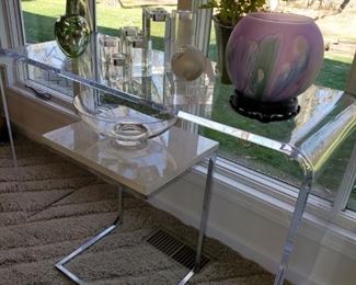 Contemporary console table, acrylic, waterfall sides, Marble top contemporary side table