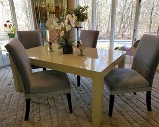 Gray parsons chairs, 4, Cream contemporary table