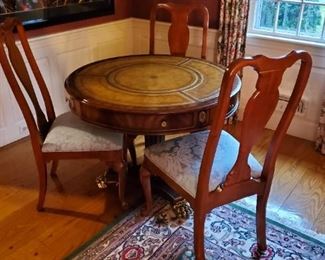 Stunning drum table with dramatic brass feet from Swan's by Maitland Smith. 3 Queen Anne Chairs