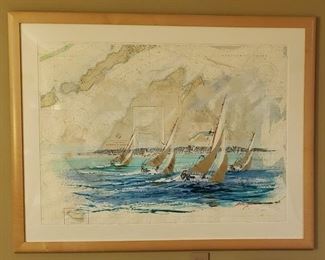 Lovely Watercolor over a map of Nantucket Sound and Martha's Vineyard by Hallam.