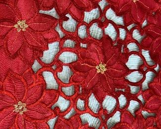 GORGEOUS RED POINSETTIA FESTIVE CHRISTMAS TABLE CLOTH
STUNNING FOR USE ALONE OR AS AN OVERLAY. BRIGHTENS ANY TABLE AND ROOM!
APPROXIMATE SIZE: 67" x 67" SQUARE
FABRIC: 100% POLYESTER
CONDITION: GOOD WITH LIGHT WEAR