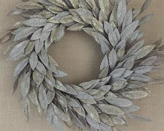 With tags, beautiful year-round gold and silver glitter holiday wreath.
About 22" diameter from widest leaf.