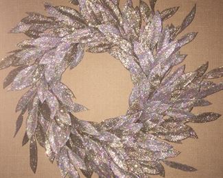 With tags, beautiful year-round gold and silver glitter holiday wreath.
About 22" diameter from widest leaf.