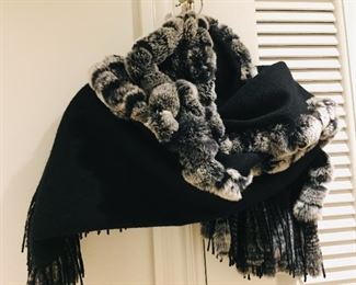 LARGE FUR TRIMMED, BLACK WOOL SHAWL/SCARF/STOLE 
SIZE: 80 INCHES X 28 INCHES
LUXURIOUS. WARM. PRACTICAL. SO MANY DIFFERENT WAYS TO WEAR ALONE OR GORGEOUS AS A COAT ACCENT
CONDITION: VERY GOOD