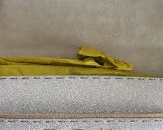 GOLD AND SILVER SPARKLY GLITTER CLUTCH
Condition: Pristine
Grey suede lining. Single wall pocket at interior. Fold-in flap closure at front flap
Dimensions: Width: 12". Height: 5"