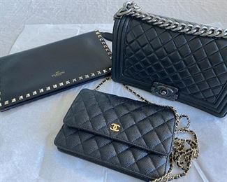 Chanel, Valentino, Hermes black pocketbook/purses, clutches.