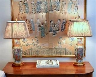 Chinese hand Embroidered Panels and Mounted Lamps