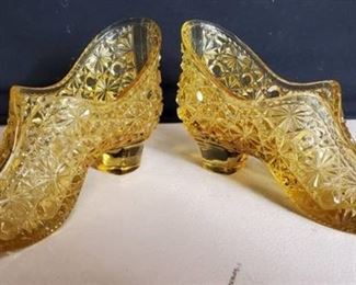 Vintage, Fenton Glass, Amber Daisy and Button 5.75" Trinket Dish Shoe