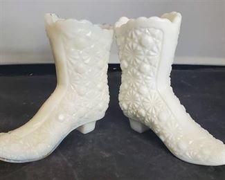 Lot of 2. Pair of Milk Glass Daisy and Button Boots.