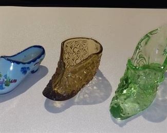 Lot of 2 Glass Slippers and 1 Porcelain Clog