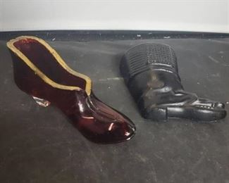 Lot of 2 Shoes. Red and Gilded and 1 Metal Hanging Black Boot