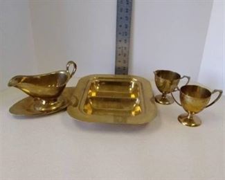 DIRILYTE gold toned cream and sugar, gravy boat, serving dish