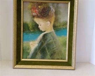 Young girl framed with green felt 14 x 17