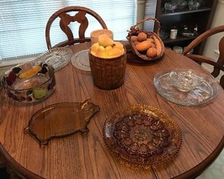Wood Carved Fruit/Basket of Pears Ceramic Cookie Jar/Painted Glass Fruit Bowl/Brown Glass Pig Platter