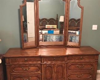Thomasville Solid Burl Wood Triple Dresser w/Mirror