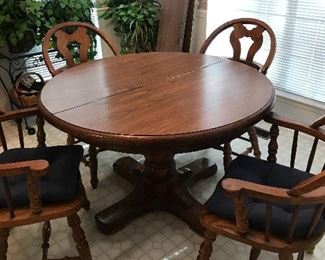 Wood Pedestal  Kitchen Table w/2  Extra Leaf                                         Barrel Style Chairs (4)