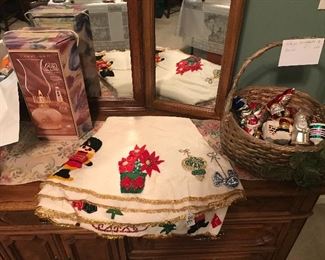 Vintage Beaded Christmas Tree Skirt/ Glass Ornaments/Oil Lamp (New)