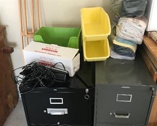 Nice Two Drawer File Cabinets/Oreck Hand Vac/Crutches/Plastic Storage Bins