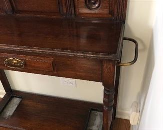 Antique Hall tree, beautiful condition with brass hooks & side rails for umbrella or cane, zinc drip trays, Georgian style pediment, center mirror