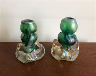 Iridescent handblown fused art glass candleholders or bud vases, Oulu Glass, WI