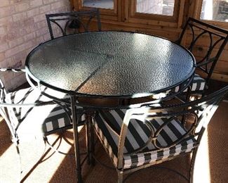 BUY IT NOW! $550 Brown Jordan 5 pc patio set, cast aluminum with 48" round glass top table, 4 chairs with striped cushions, verdigris green. Excellent condition from a covered screened porch