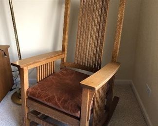 authentic Stickley high back spindle rocker w/ leather seat and cushion, quarter sawn white oak, Mission collection 1990s
